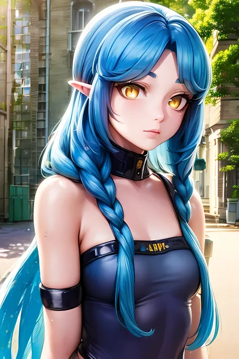 ((best quality)), ((masterpiece)), (detailed), ((perfect face)),1 girl, ((long blue hair, yellow eyes:2)), white long hooded dre...