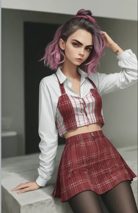 Black and white photo, cara Delevingne, colourpop (red plaid skirt) , looking sideways  --auto --s2