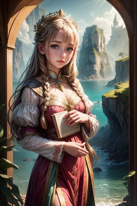 "A realistic photograph of a girl, adorned in enchanting attire, holding an ancient-looking book against the backdrop of a serene seascape. The magic in the air is palpable, accentuated by the soft play of light and shadow. The image merges fantasy and rea...