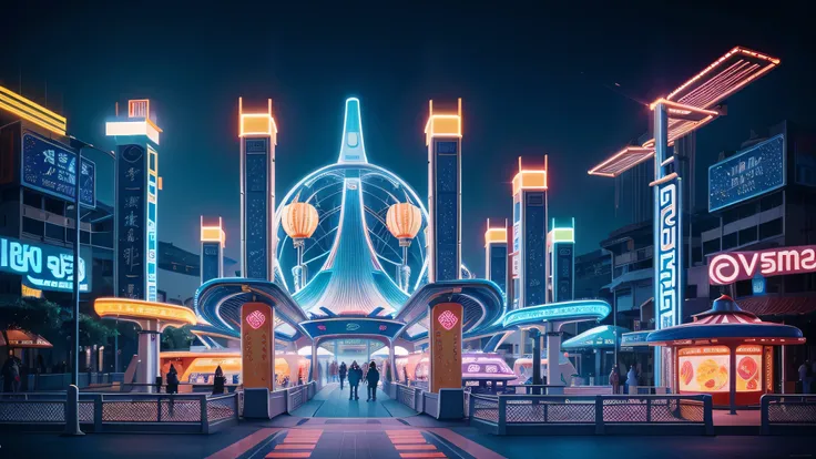 futuristic amusement park, light abstraction, Cover art with light abstraction, vector art, Contemporary Chinese art, Gradient of color, Soft color palette, layered forms, Whimsical animation, The style is ethereal and abstract