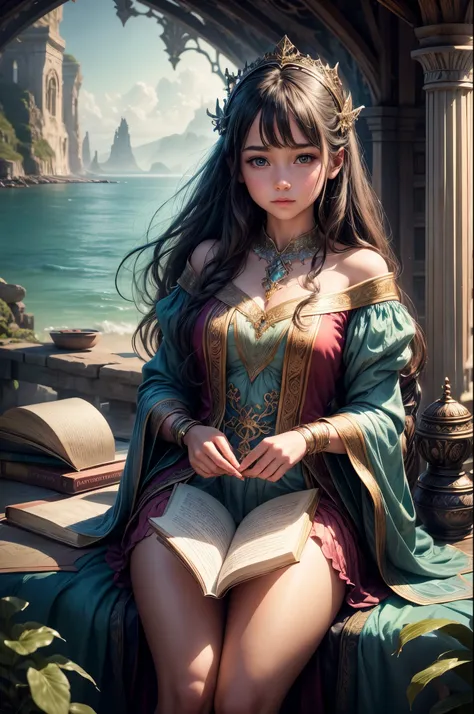 "A realistic photograph of a girl, adorned in enchanting attire, holding an ancient-looking book against the backdrop of a serene seascape. The magic in the air is palpable, accentuated by the soft play of light and shadow. The image merges fantasy and rea...