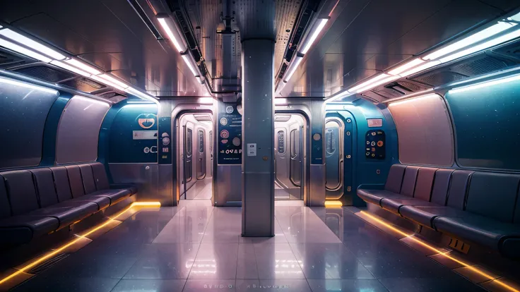 futuristic subway, new york, light abstraction, Cover art with light abstraction, vector art, Contemporary art, Gradient of color, Soft color palette, layered forms, Whimsical animation, The style is ethereal and abstract Completed50%