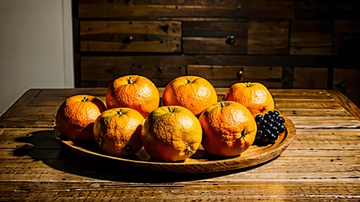 Um monte de frutas laranja em uma mesa de madeira