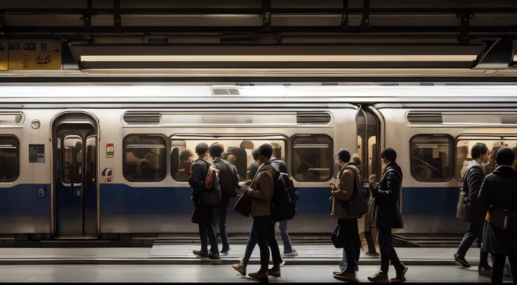 (best quality,high resolution,ultra-detailed,realistic:1.2), crowded train station platform, eye-level perspective, vibrant atmosphere, trains, way back home, night station, waiting for trains, lively crowd, dynamic movements, modern architecture, hustle a...