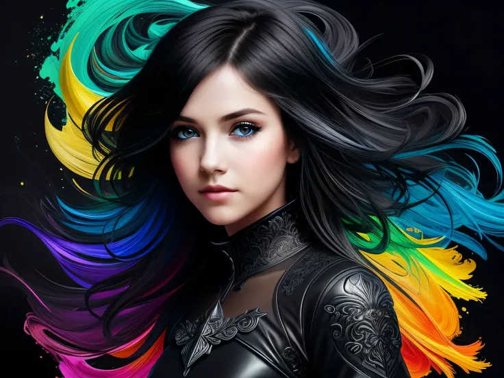 Colorful beautiful girl: a giru 28-years old, messy hair, oil painting, nice perfect face with soft skinice perfect face, blue yellow colors, light purple and violet additions, light red additions, intricate detail, splash screen, 8k resolution, masterpiec...