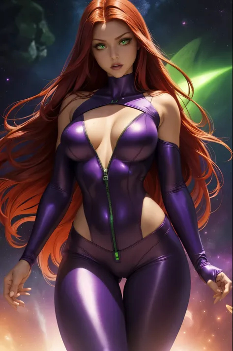 (masterpiece, best quality:1.2),  starfire from the teen titans, 1girl, solo, breasts, long flowing red hair, night, purple meta...