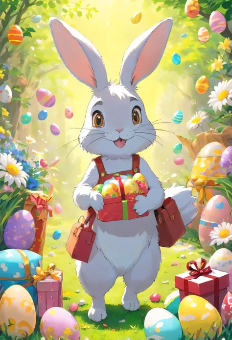 Very beatiful easter rabbit, with eggs and presents, best quality, extremely cute, extremely detailed ,flowers in spring