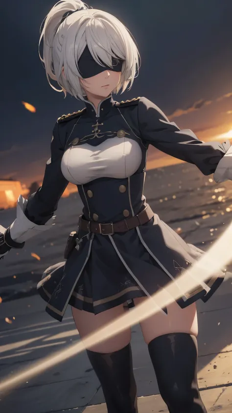 (extremely detailed CG unity 8k wallpaper), (masterpiece), (best quality), (ultra-detailed), (best illustration), (best shadow), (absurdres), 2b, 1girl, short hair, long ponytail, normal size boobs, white hair, blindfold solo, Intimidating women, admiral u...