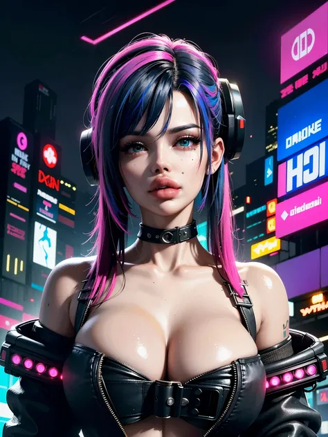 ((best quality)), ((masterpiece)), (highly detailed:1.3), 3d, beautiful (cyberpunk:1.3) hacker woman with colored hair, black cl...