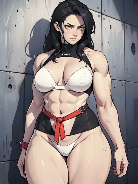 muscular girl thin waist large breasts thick pale skin black hair yellow eyes muscular girl thin waist large breasts thick muscular girl thin waist large breasts thick skintight sad expressionless