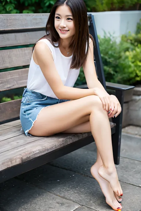 Woman with beautiful legs, sitting, front foot