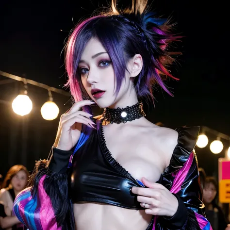 goth, color:spectrum, excited, bright rainbow hair, pale skin, smoky eyes, vivid colors, braless, holding breasts, topless, festival, nighttime, punk rock hairstyle, ruffle trim, short hair, long sleeves, black lips, cheering