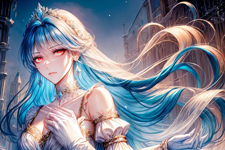 (((shoujo-style))), (romance manhwa), frostedstyle, 1girl, cyan hair, solo, long hair, frozen, ice, crystalline, dress, tiara, w...