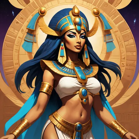 Design a pop art inspired anime and comic book representation of the ancient Egyptian goddess Maat. Utilize bold, contrasting colors and luminous, bioluminescent effects to portray her in a visually striking, abstract composition. Pay homage to the concept...