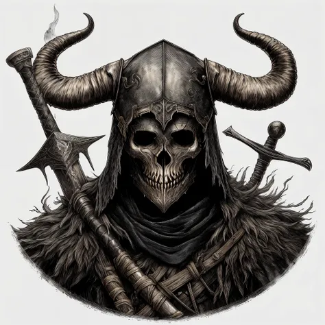 un dibujo de una calavera con cuernos y una cabeza con cuernos, en un casco con cuernos, Viking warrior illustration, Arte oscuro altamente detallado, El portador de la muerte, casco con cuernos, Mark Riddick, Caballero aterrador, Casco Crow Skull Knight, ...