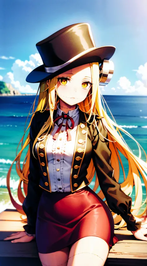 Fran,young woman,dressed as Napoleon ,(despair),((stands opposite the sea)),Grusnaya,Napoleons hat, long hair , yellow hair,yellow eyes ,sadness