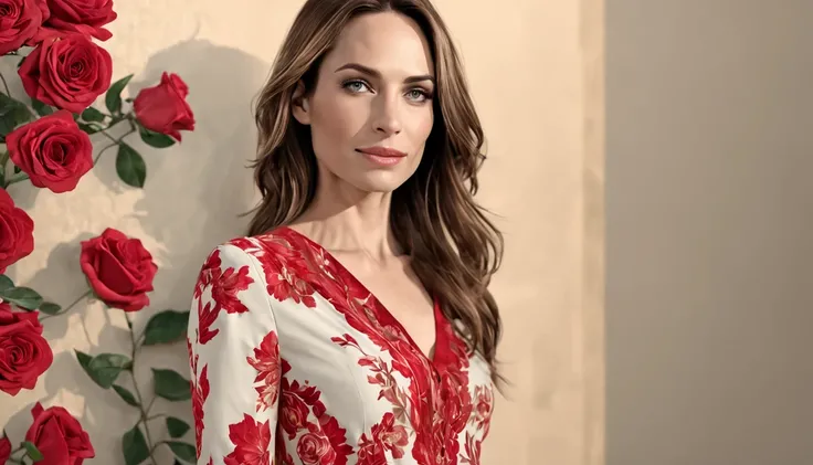 There is a pretty girl (Claire Forlani), em um vestido Vermelho longo e detalhado, natureza, um amontoado de rosas cor-de-rosa do lado de fora da casa, architectural render, natureza, integration, (Melhor qualidade, alta qualidade, absurdo, detalhes intrin...