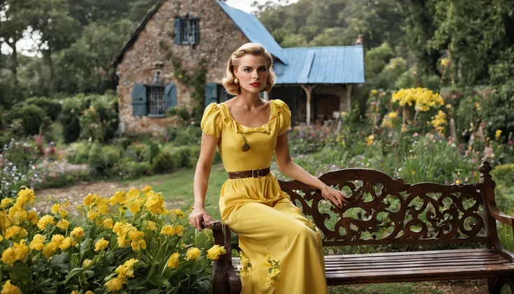 There is a pretty girl "Grace Kelly", em um vestido amarelo longo e detalhado, num Jardim de borboletas, canteiro florido com cogumelos e vinhas crescidas, caminho curvo de pedra que leva a um ((eccentric aged cottage with porch rocking bench)), ((Noite)),...