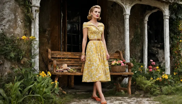 There is a pretty girl "Grace Kelly", em um vestido amarelo longo e detalhado, num Jardim de borboletas, canteiro florido com cogumelos e vinhas crescidas, caminho curvo de pedra que leva a um ((eccentric aged cottage with porch rocking bench)), ((Noite)),...