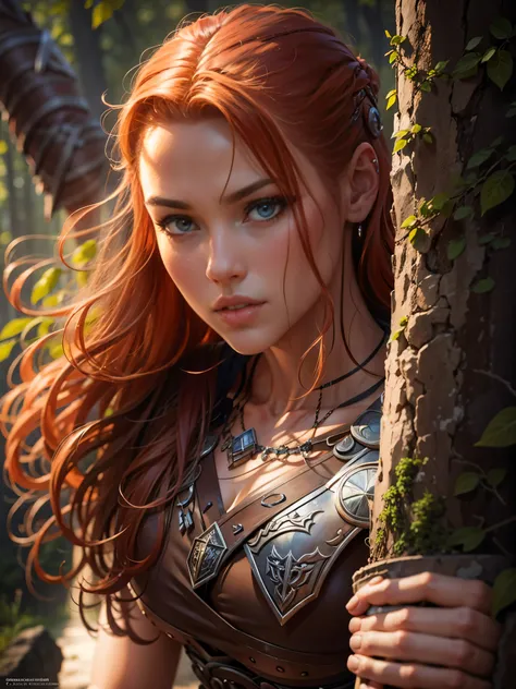 Masterpiece, best quality, brilliant details, cinematic lighting, exciting perspective, young pretty woman, beautiful face, perfect eyes, big firm breasts, perfect proportions, norse type, cameltoe, cinematic pose, red hair, viking warrior, nordic forest