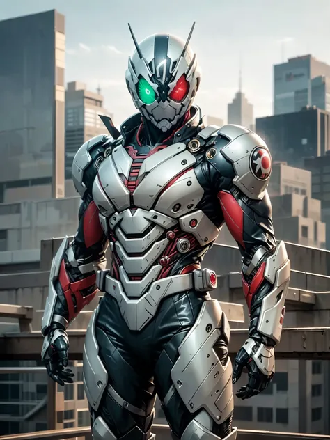 a superhero, a high-tech biotech battle suit, standing on a rooftop, looking over the city, japanese tokusatsu and american comi...