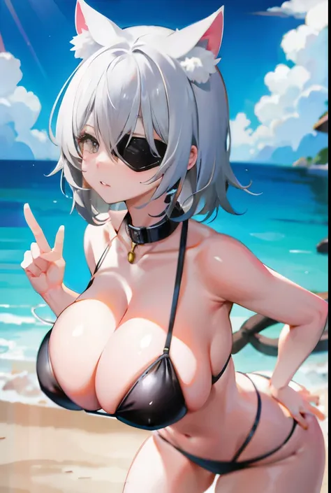 gray hair，huge tit，Two dimensions，Cat ear，bikini swimwear， shy，Chiquita，face turns red，Blindfolded from the side，collar，shy，kneel down，put your hand on your chest