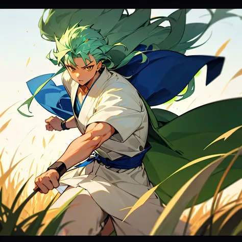 Light Green Hair , Golden Eyes , White Robes , Blue Sash belt , martial arts clothing, Long Hair , Wavy Hair , Muscular , Sunny Grassy Planes background , Adult Male , Gon Hair , Old male 