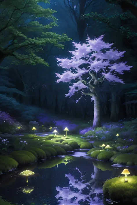 mysterious darkened forest garden grove,somber mood,pretty flowers,starry sky,open sky,night time,(best quality,4k,8k,highres,masterpiece:1.2),ultra-detailed,(realistic,photorealistic,photo-realistic:1.37),evocative,ethereal,hint of magic,whispering trees,...