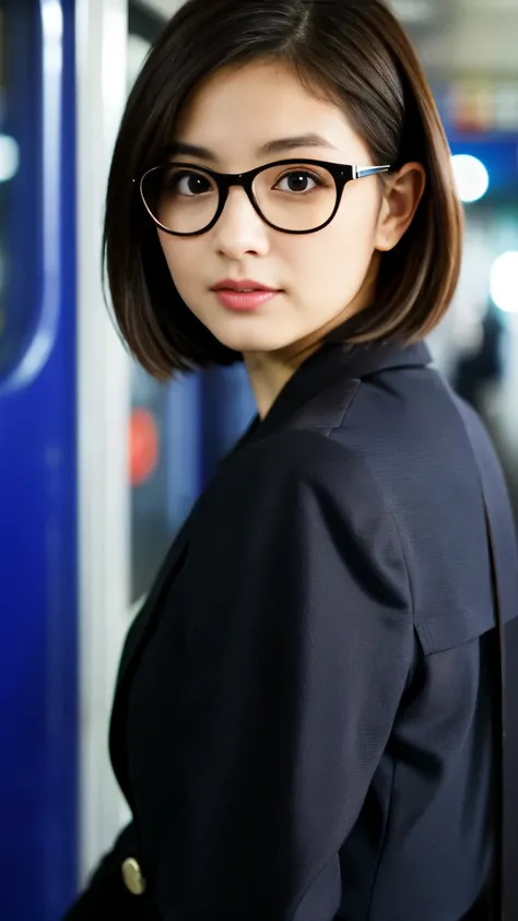 Best-quality, Masterpiece, Ultra-High-Resolution, (Photorealistic:1.4), Raw-Photo, 1girl, the most famous Japanese actress, standing in train, business-suit, trench-coat, knitted-scarf, stylish-glasses, extremely beautiful face like a most popular Japanese...