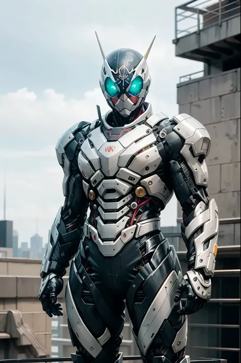 a superhero, a high-tech biotech battle suit, standing on a rooftop, looking over the city, japanese tokusatsu and american comi...