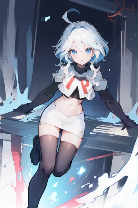 One girl, Delicate face, of the highest quality, The 8k quality, ahoge, team rocket,team rocket uniform,white skirt,red letter R,crop top,black thigh-highs,black elbow gloves