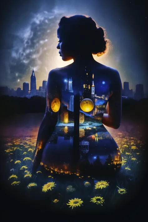 ((a praying African American woman with an hourglass figure)), silhouette illuminated against a dark background, heavenly city in ruins, double exposure, ((against the background of Starry Night by Van Gogh1:1),
Bokeh flower, full moon, surreal, fractal, h...