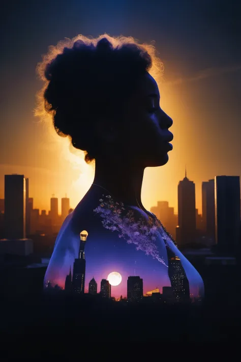 a praying african american girl, silhouette, heavenly city in ruins, double exposure, 
bokeh flower, full moon, surreal, fractal...