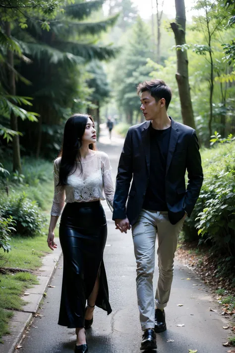 Image of a young man and a young woman walking hand in hand through a forest. The man  wearing modern clothes, while the woman  wearing old clothes. The forest  dark and mysterious.