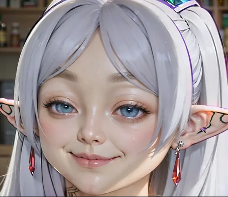 (Smirk:1.6),25 years old、Adult woman：1.1、green eyes：1.2、purple bottle、white clothes、silver eyebrows：1.3、high elf：1.2、elf ears、beautiful ears、silver hair：1.2、short eyebrows、twin tails、red earrings：1.2、detailed hair、movie writing、(best quality, 8K, 32K, must...