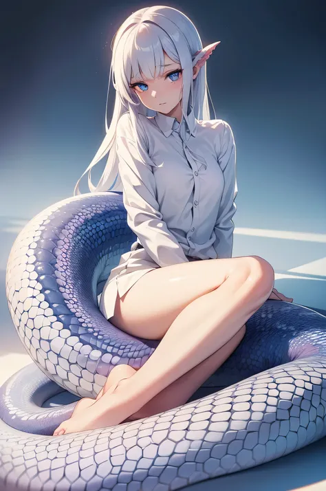 1girl, lamia, scales, white shirt, full body, Original Character, Volumetric Lighting, Best Shadows, Shallow Depth of Field, Stunningly Beautiful Girl, Petite, Delicate Beautiful Attractive Face