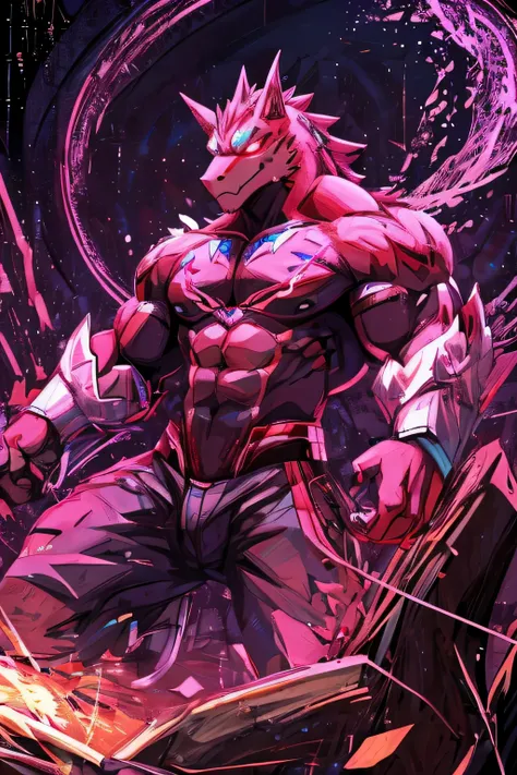 masterpiece, best quality, perfect anatomy, (detailed eyes:1.2), (Red Raptor), male, solo, cables as tenacles from back, glowing eyes, floating in air, digital_space, binary, glitchy, glitch creature, liquid, detailed background, Evil, Mischief, kemono, so...