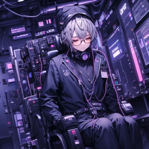 （muste piece）（High definition）20s male android、gray hair、ponytail、hat、Tuxedo、tie、wears round rimless glasses、sitting in a chair with both eyes closed、Connected to the machine with multiple cables（charging）、The butt is the connecting part、background（An elec...