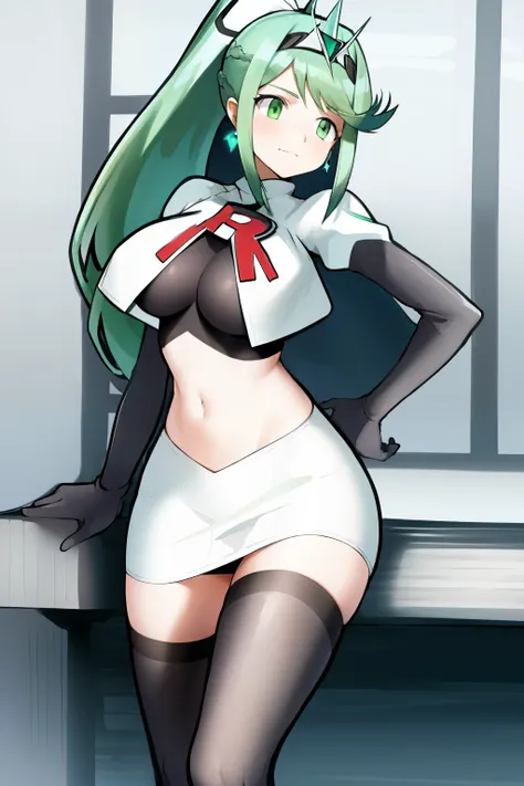 pneuma (xenoblade), 1girl, absurdres, bangs, breasts, earrings, green eyes, green hair, headpiece, highres, inuisbink, jewelry, large breasts, long hair, ponytail, solo, swept bangs, tiara, very long hair, xenoblade chronicles (series), (xenoblade chronicl...