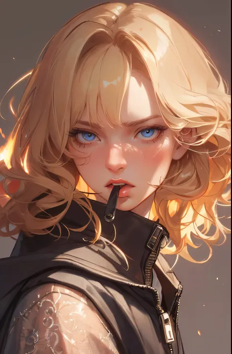 fantasy-style, fantasy, 1 girl, alone, detailed头发, long hair, tears, cry, cry with eyes open, jacket, red lips, blue eyes, upper body, white background, zipper, Floating hair, blonde hair, background, black jacket, teeth, open mouth, look away, lipstick, s...