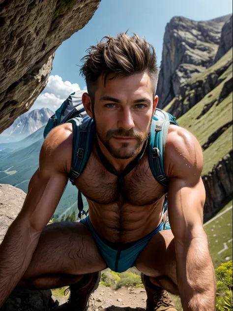 masterpiece, best quality, high resolution, closeup portrait, male focus, solo focus, a man, pretty shirtless  sweaty hairy guy hiking, bending over camera perspective, bleached blonde hair, 52 years old, hiking and climbing, view from below, scruffy, clos...