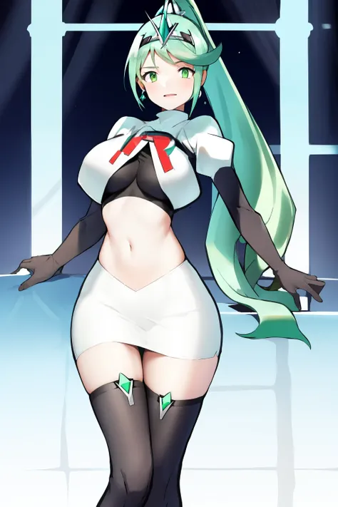 pneuma (xenoblade), 1girl, absurdres, bangs, breasts, earrings, green eyes, green hair, headpiece, highres, inuisbink, jewelry, large breasts, long hair, ponytail, solo, swept bangs, tiara, very long hair, xenoblade chronicles (series), (xenoblade chronicl...