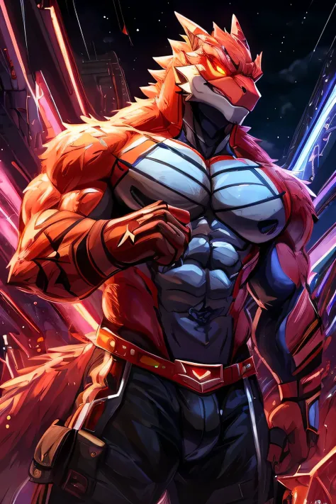 masterpiece, best quality, perfect anatomy, (detailed eyes:1.2), (Red Raptor), male, solo, cables as tenacles from back, glowing eyes, floating in air, digital_space, binary, glitchy, glitch creature, liquid, detailed background, Evil, Mischief, kemono, so...