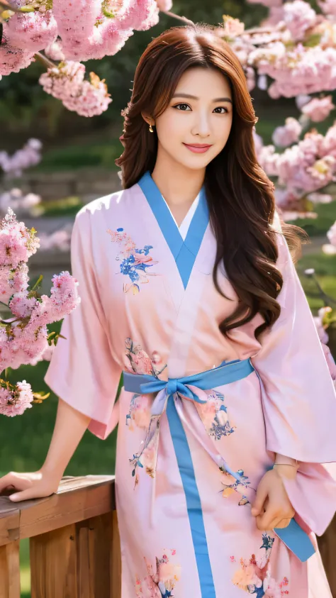 high quality images,alone, 1 girl, eye details,, chestnut hair, looking at the viewer, portrait, detailed drawings and faces, long hair, closed mouth,Unparalleled beauty details,The surroundings are shining, pink kimono,Full body high-definition painting,b...