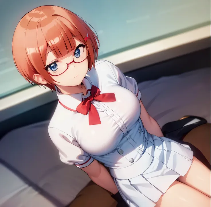 ((masterpiece)), ((best quality)), (ultra detailed), in bed, sailor suit, white shirt, red bow tie, blue skirt, white socks, ((p...