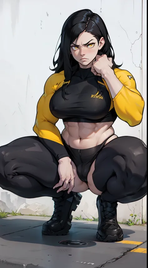 sad frown muscular girl muscular girl black hair yellow eyes pale skin breasts full body squatting