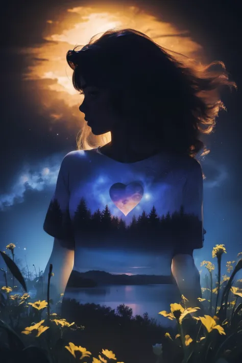 Solo African American girl ((a solo heart-shaped moon on her chest)), long hair full of stars, darken silhouette, heavenly city and starry night by Vincent Van Gogh, 
Bokeh flower, gradient black and blue color background, uhd, surreal, fractal, high detai...