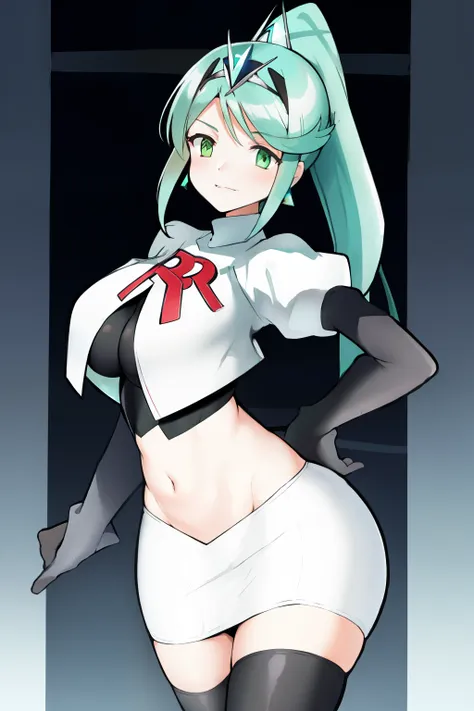 pneuma (xenoblade), 1girl, absurdres, bangs, breasts, earrings, green eyes, green hair, headpiece, highres, inuisbink, jewelry, large breasts, long hair, ponytail, solo, swept bangs, tiara, very long hair, xenoblade chronicles (series), (xenoblade chronicl...