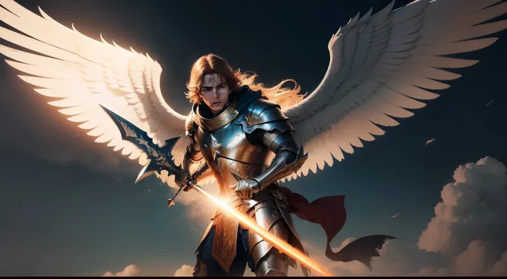 rosto de anjo serafim coberto por asas anjos forteIGUEL E GABRIEL) Serafins da biblia, grande batalha combate ataque, coming from heaven with shining spears and swords, na  planeta Terra, ultra realista