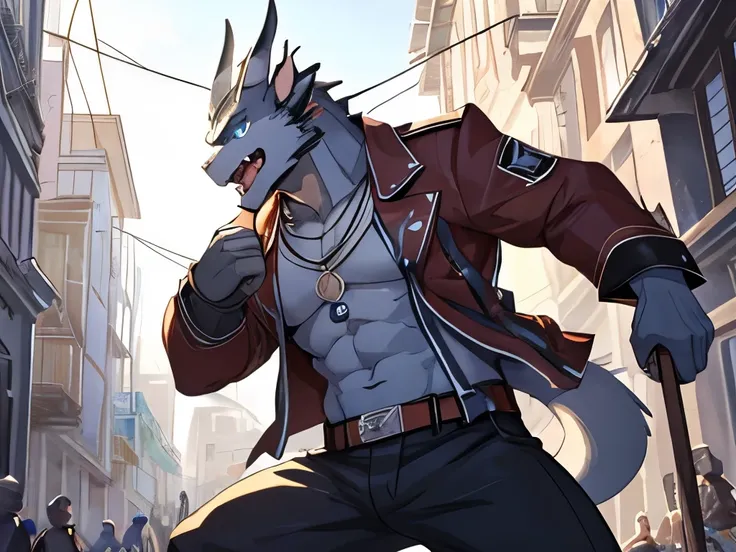 masterpiece, solo, Furry Gray Dragon, Two Gray Horns, Blue Eyes, Medium Muscular Body, Medium Gray Hair, Fighting Pose, Mouth Open, Handsome, Fierce, Casual Shirt, Short pants.